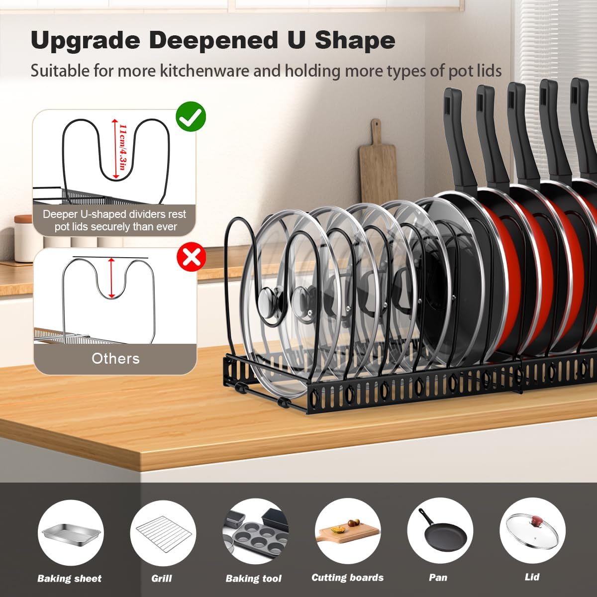Pot and Pan Organizer Rack for Cabinet, Fully Expanded Size 22.83" W x 7.09" D x 7.09" H, Black