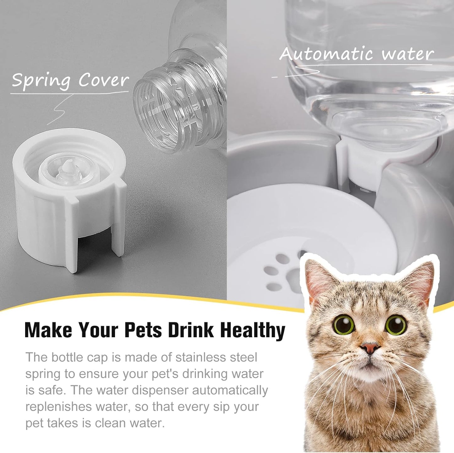 Dog & Cat Food and Water Bowl Set with Water Dispenser and Stainless Steel Bowl - Grey
