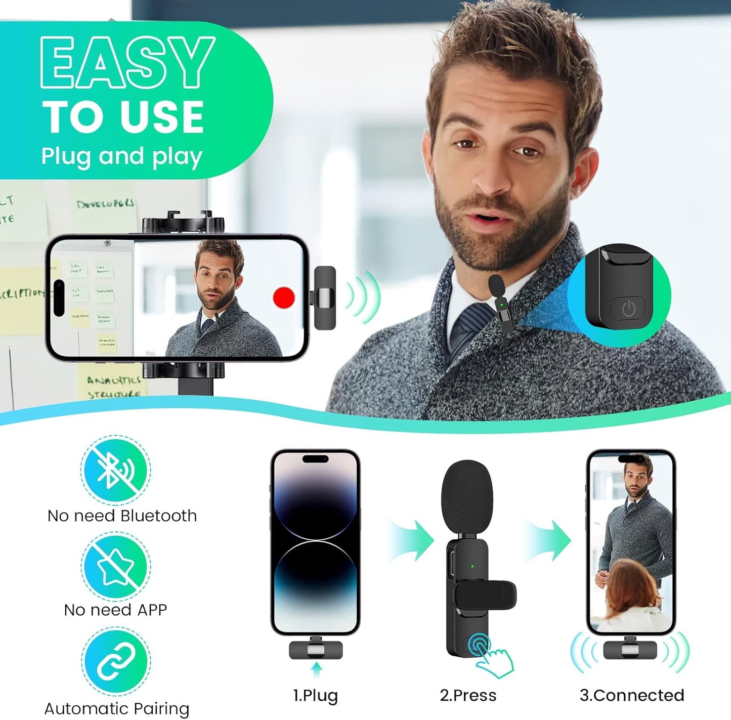 3 in 1 Wireless Clip-on Microphones for iPhone, Camera, Android, iPad, Mini Microphone Video Recording