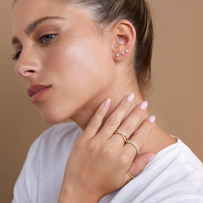Sterling Silver Stud Earrings for Women 6 Pairs Hypoallergenic Tiny Cubic Zirconia Stud Set Cartilage Hoops