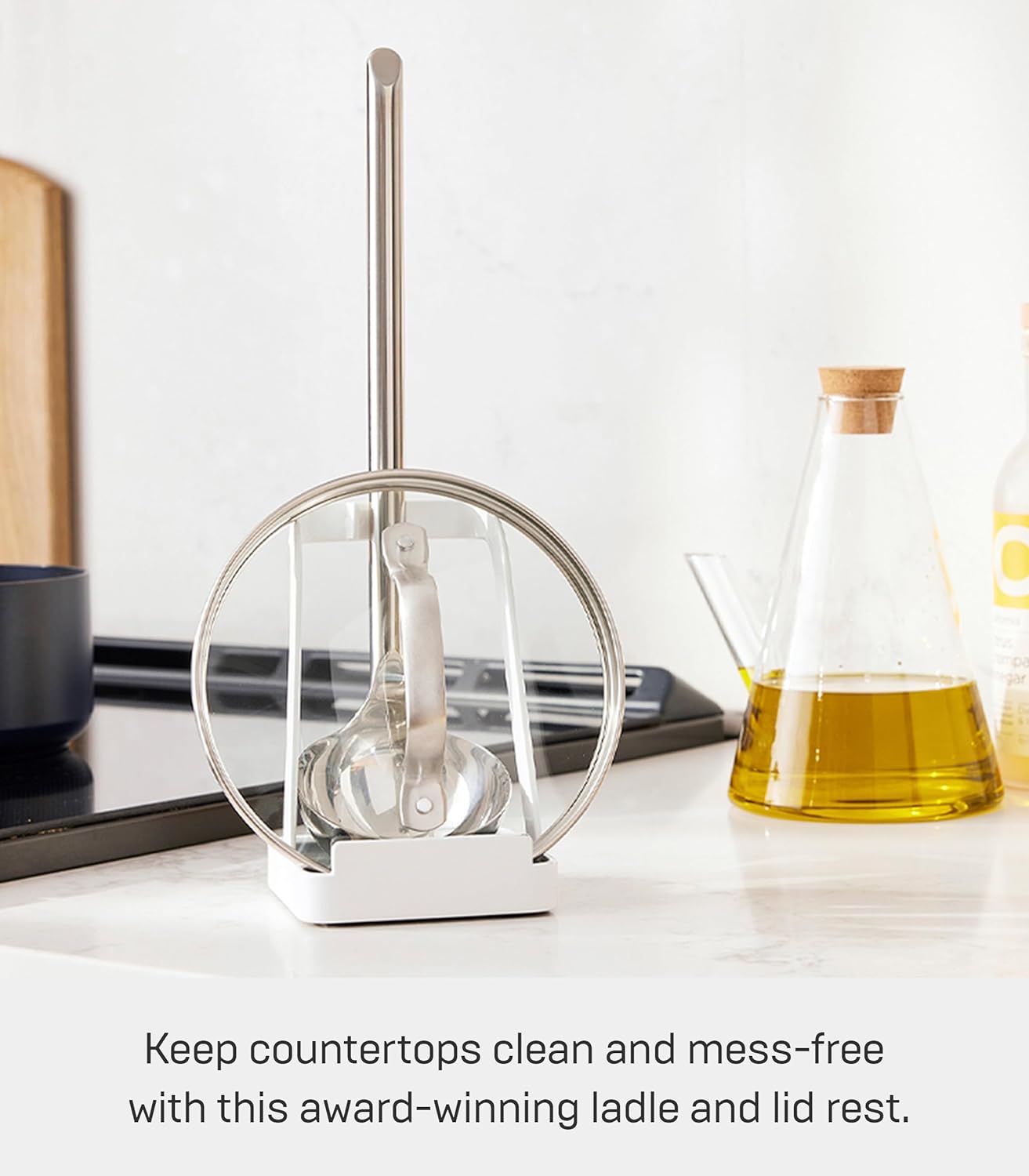 Home Ladle Holder - Lid Stand For Utensils In Kitchen, Steel, Water Resistant, White