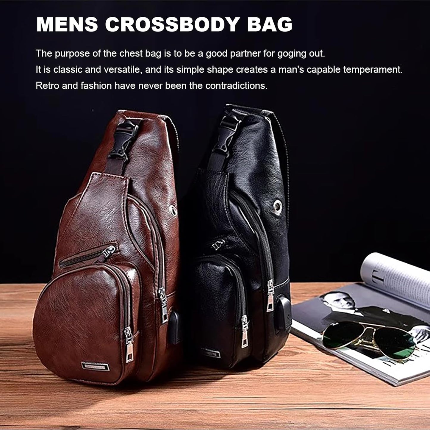 Black Chest Crossbody Bag Sling Backpack for Men with USB Charge Port