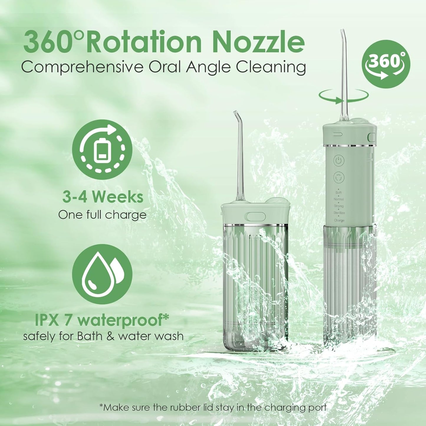 Travel Water Flosser, Mini Portable Oral Irrigator, Telescopic Water Tank, 4 Nozzles, Unique Light, IPX7 Waterproof (Green)