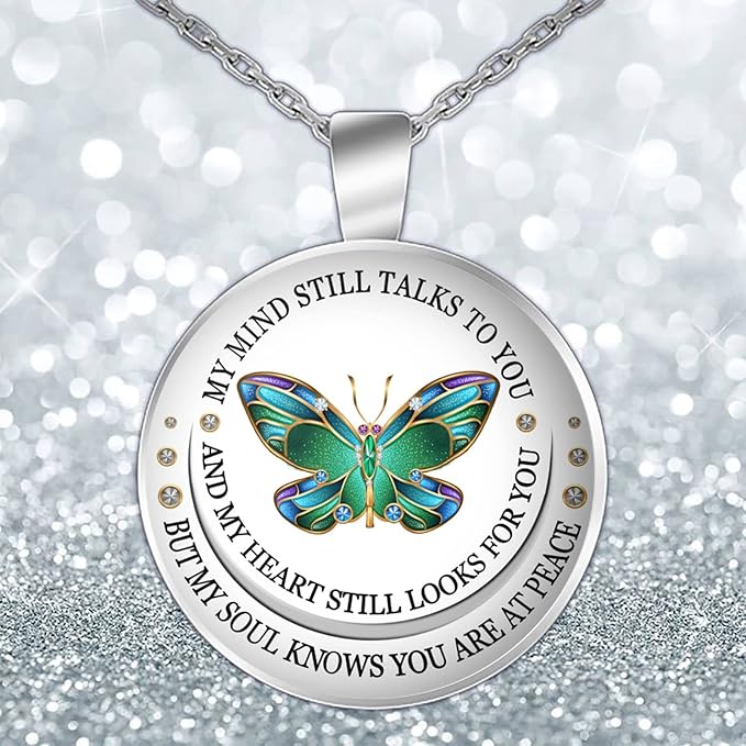 Green Butterfly Memorial Necklace – “My Mind Still Talks to You” Silver Chain, 21 Inches