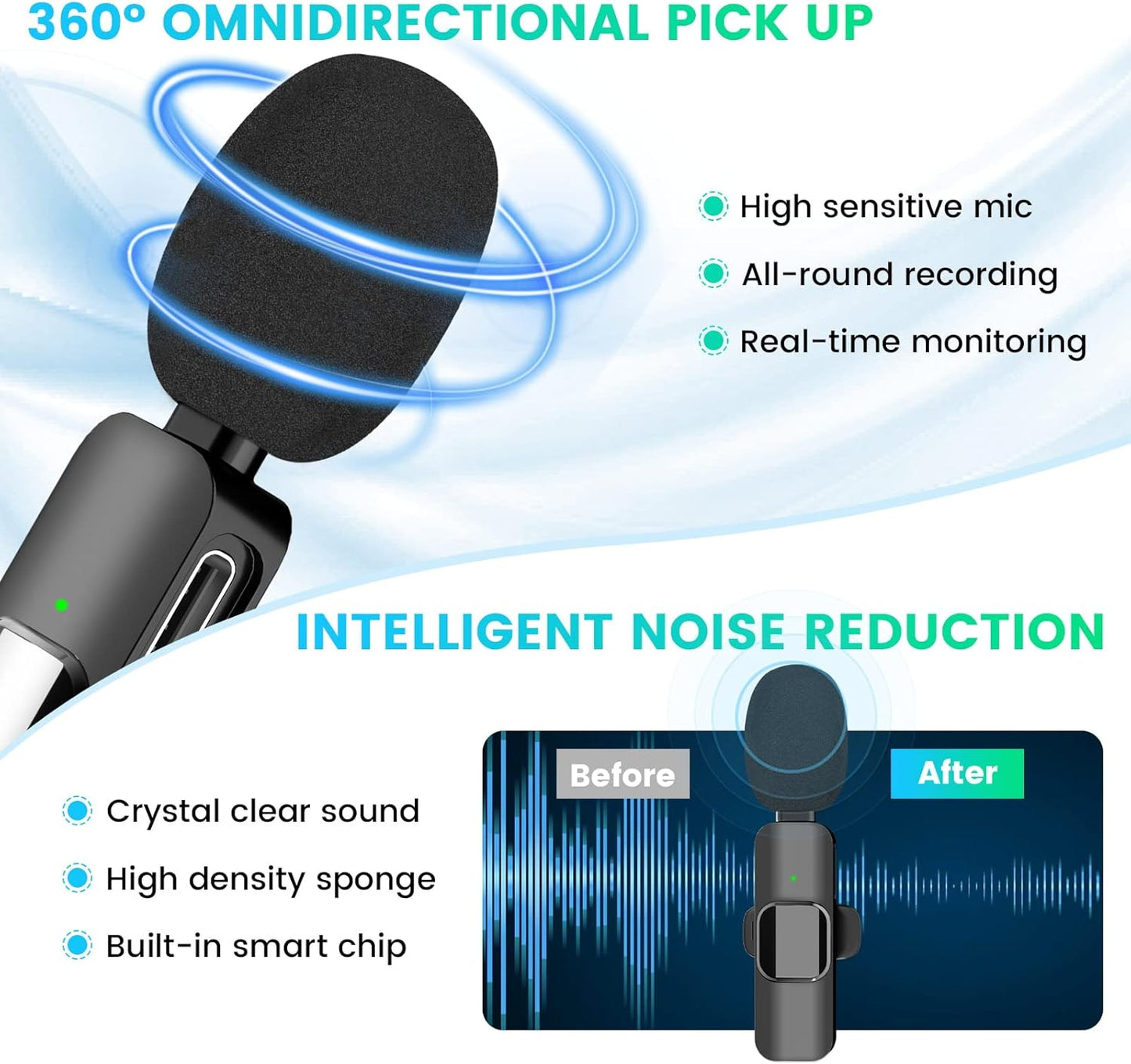 3 in 1 Wireless Clip-on Microphones for iPhone, Camera, Android, iPad, Mini Microphone Video Recording