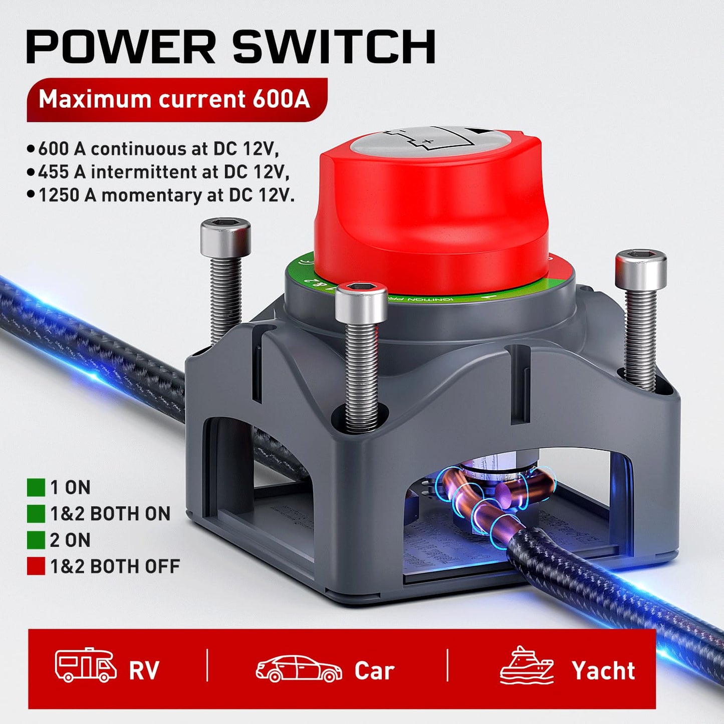 Battery Switch 1-2-Both-Off 12V 24V 48V 600A High Current Heavy Duty for Truck Vehicle Trailer RV Marine Boat Yacht