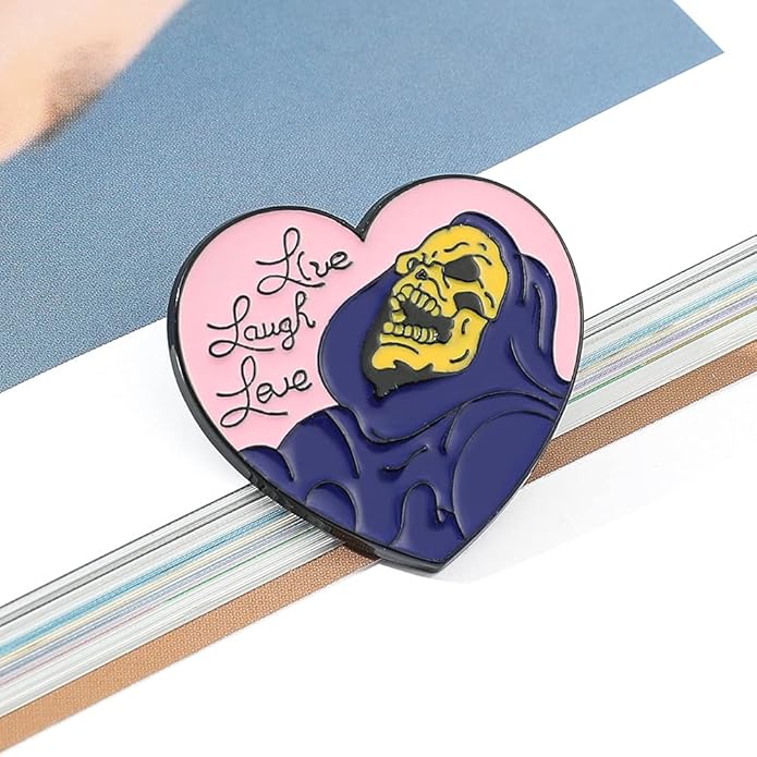 🖤 “Live, Laugh, Love” Heart & Skull Enamel Pin – Cute Gothic Lapel Badge for Jackets & Bags