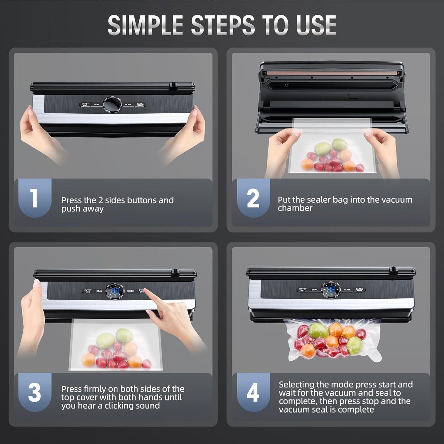 Vacuum Sealer Machine - 8 in 1 Food Vacuum Sealer Machine with Build-in Cutter Automatic Air Sealing System LED Indicator for Food Storage Dry and Moist Food Modes with 15Pcs Seal Bags Kit (Black)