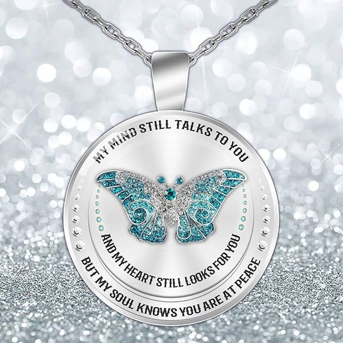 Blue Butterfly Memorial Necklace – “My Mind Still Talks to You” Silver Chain, 21 Inches