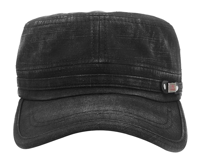 Black Cadet Army Cap – Washed Cotton Military Flat Top Hat, Adjustable One Size Fits All
