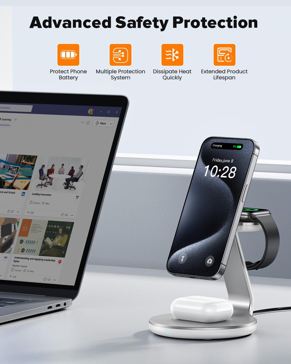 3 in 1 Charging Station for Apple Devices, Mag - Safe Charger Stand,15 W Fast Magnetic Charger Wireless Compatible for iPhone 16 15 14 13 12 Pro/Max/Plus/Mini, AirPods Pro/3/2, iWatch 9/8/7/6/SE/5/4