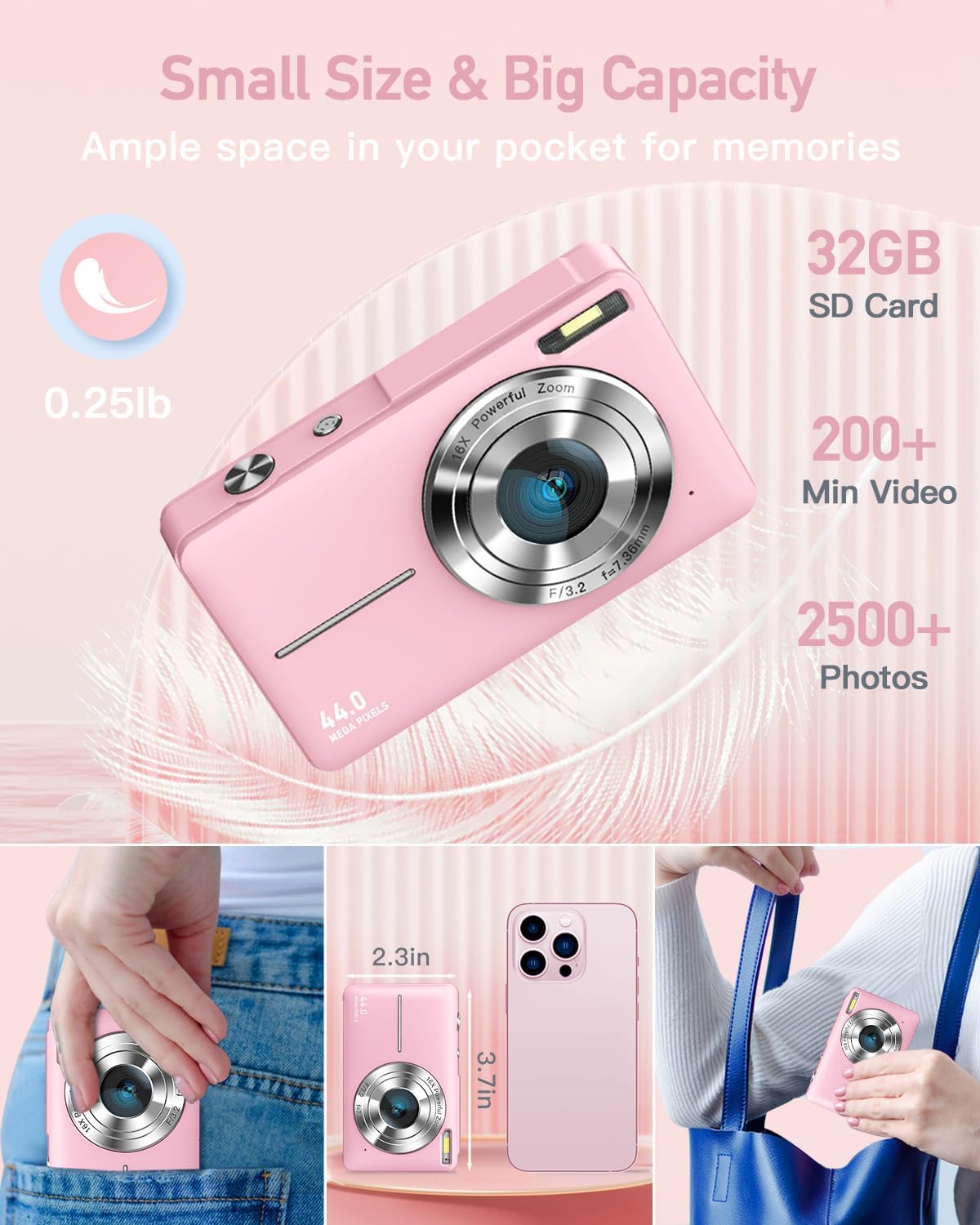 Digital Camera for Kids, 1080P FHD Camera, 44MP Point 32GB Card