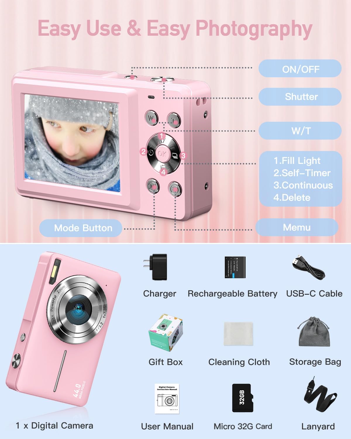 Digital Camera for Kids, 1080P FHD Camera, 44MP Point 32GB Card