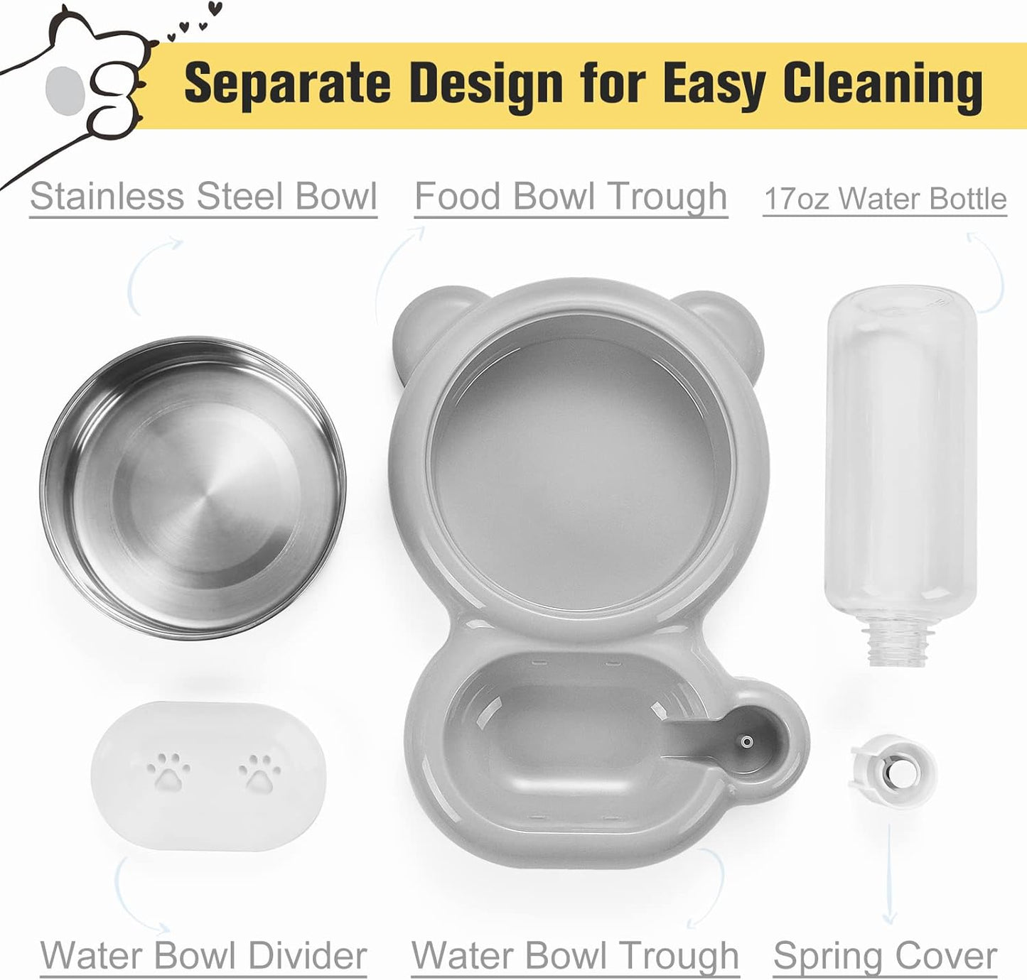 Dog Bowls, Cat Food and Water Bowl Set - Grey