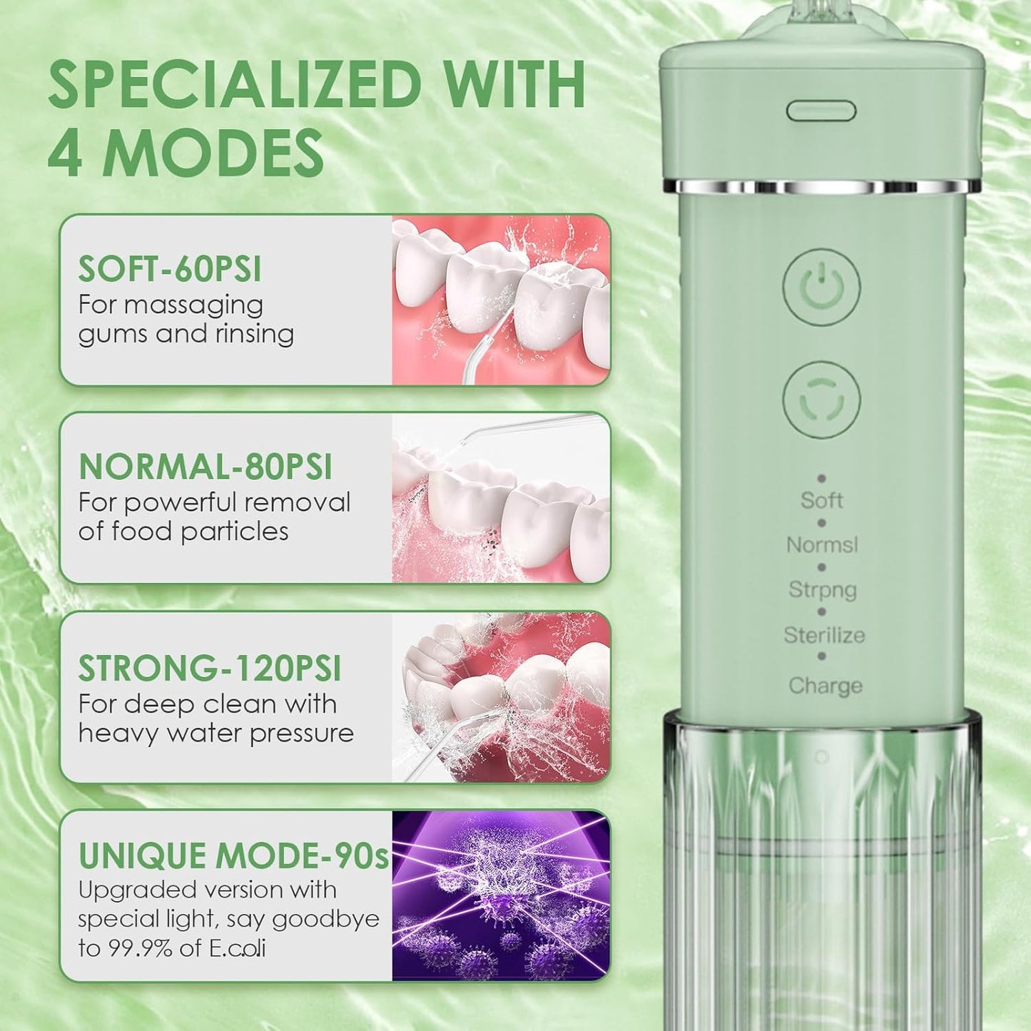 Travel Water Flosser, Mini Portable Oral Irrigator, Telescopic Water Tank, 4 Nozzles, Unique Light, IPX7 Waterproof (Green)