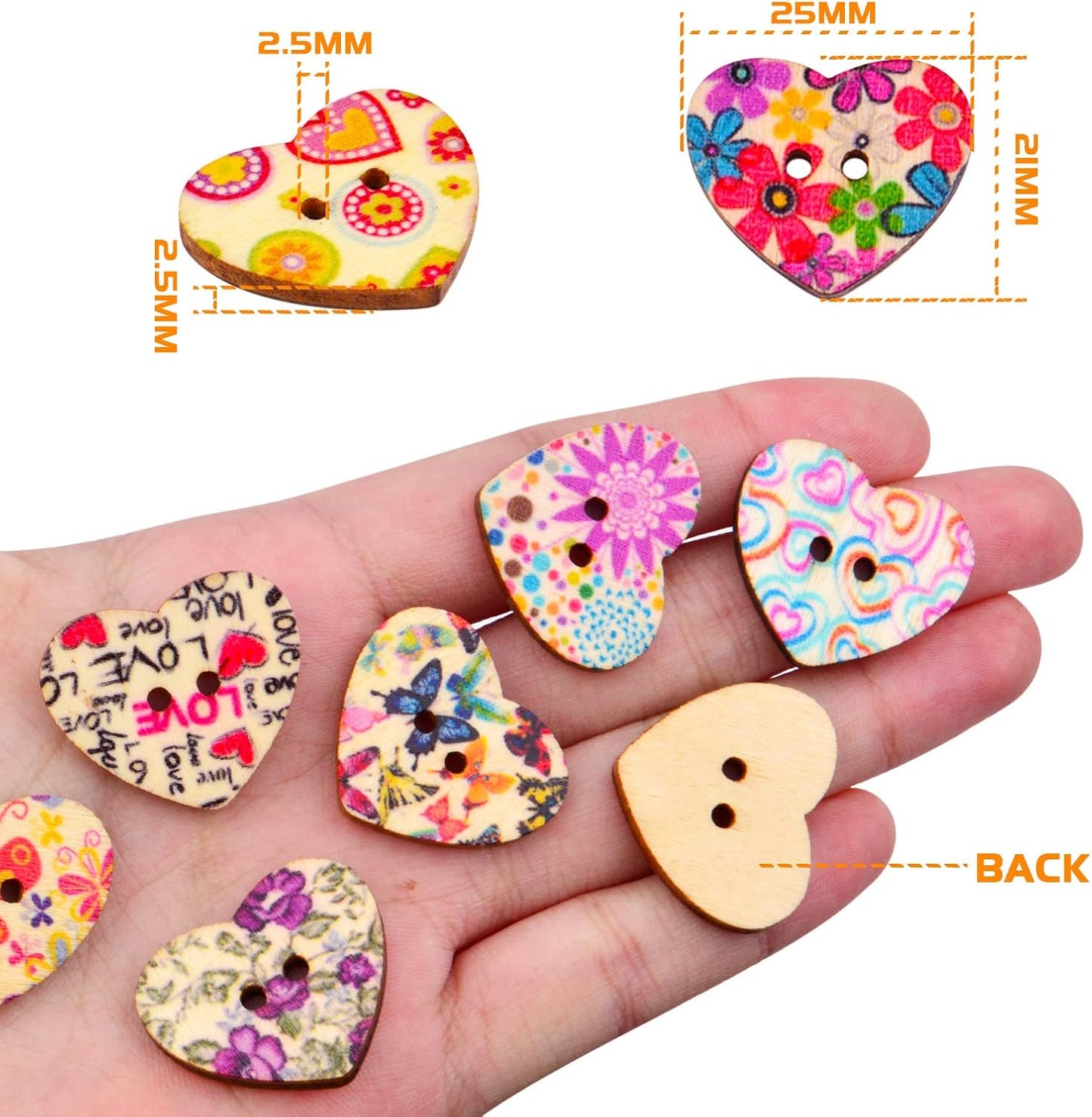 100 PCS Heart Wooden Buttons – 2-Hole Sewing & Scrapbooking Craft Decor ❤️🧵