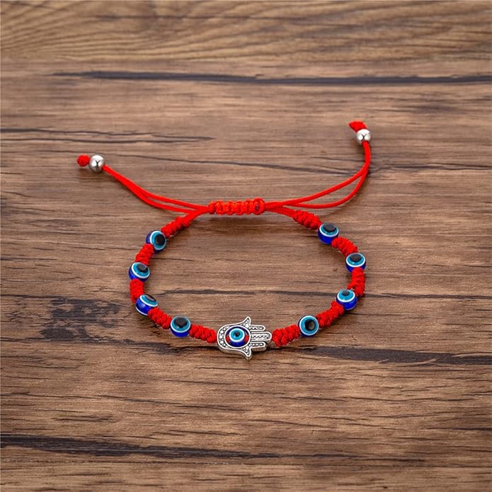 Adjustable Red Rope Bracelet โ Blue Evil Eye & Hamsa Hand Charm | Braided Protection Amulet for Men & Women