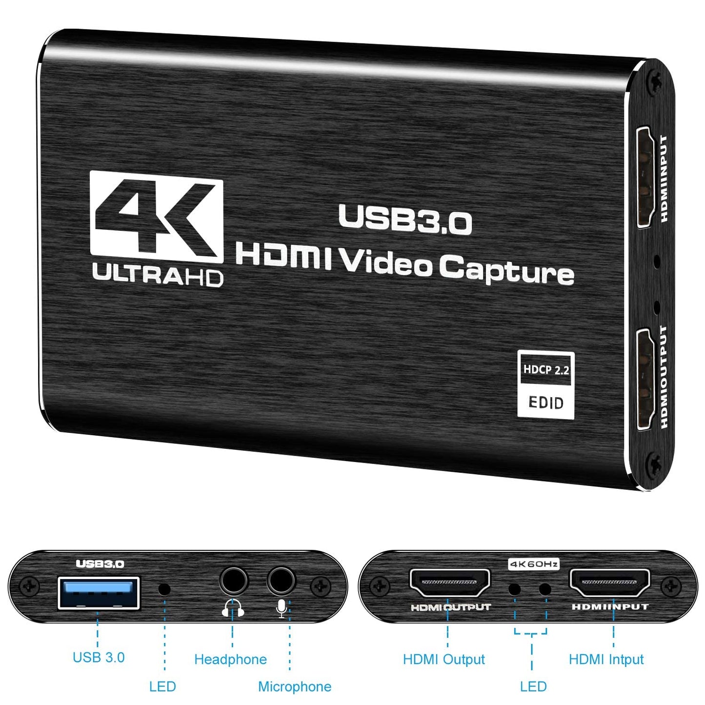 4K HDMI Capture Card USB 3.0 – 1080P 60FPS Video Recorder for Streaming, Gaming, Camera, Switch, PS5, PC