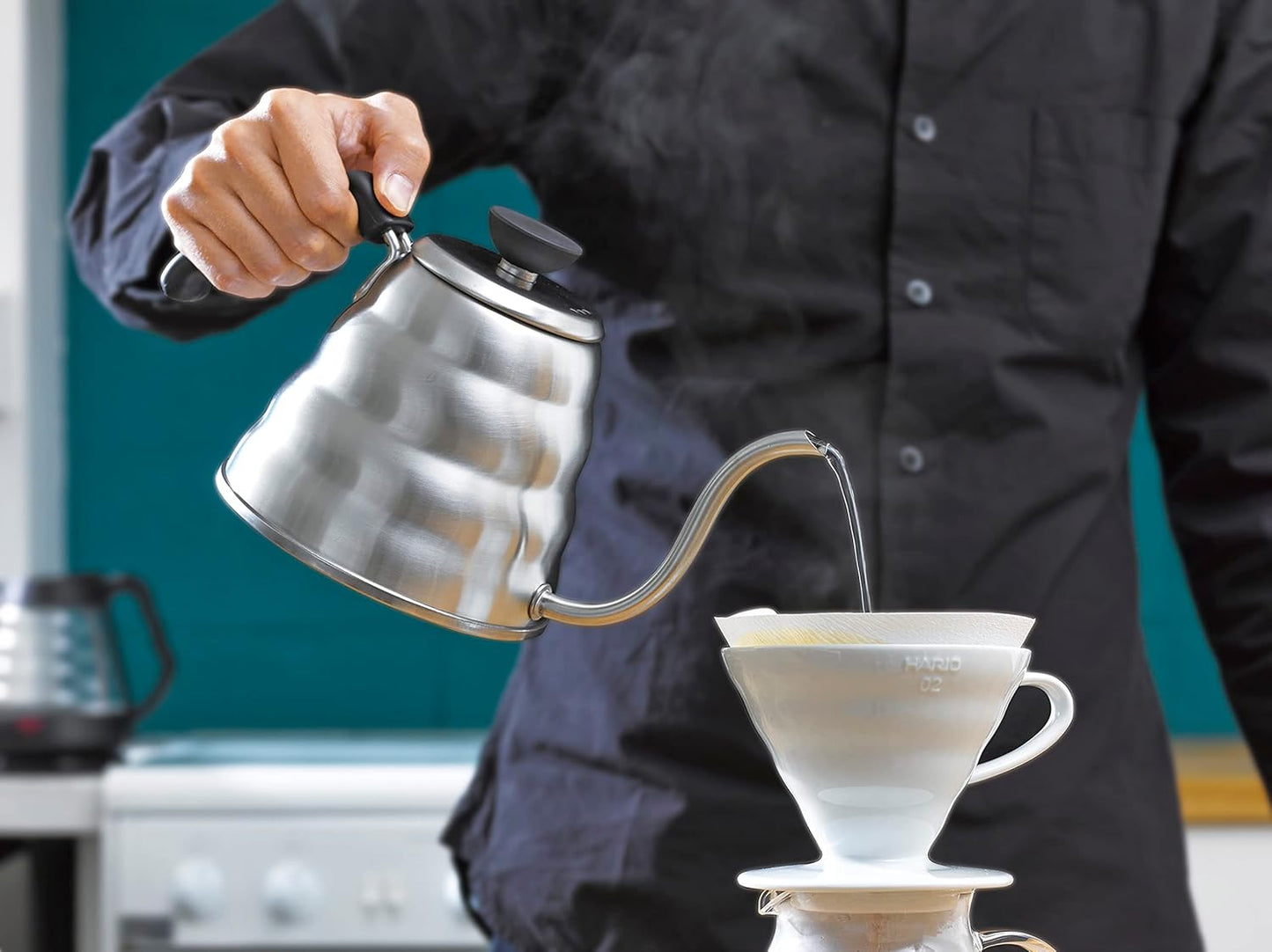 Hario V60 "Buono" Drip Kettle Stovetop Gooseneck Coffee Kettle 1.2L, Stainless Steel, Silver