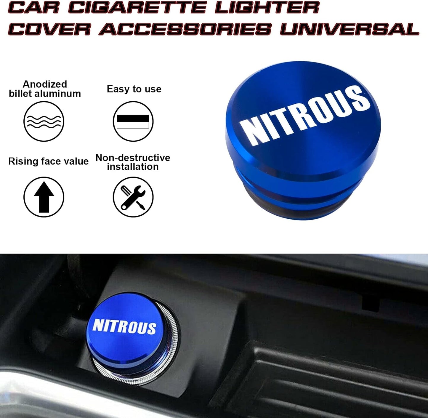 Nitrous Cigarette Lighter Push Button Plug Replacement Cover, Aluminum Blue, Fit Cars Trucks SUVs with 12V Power Source
