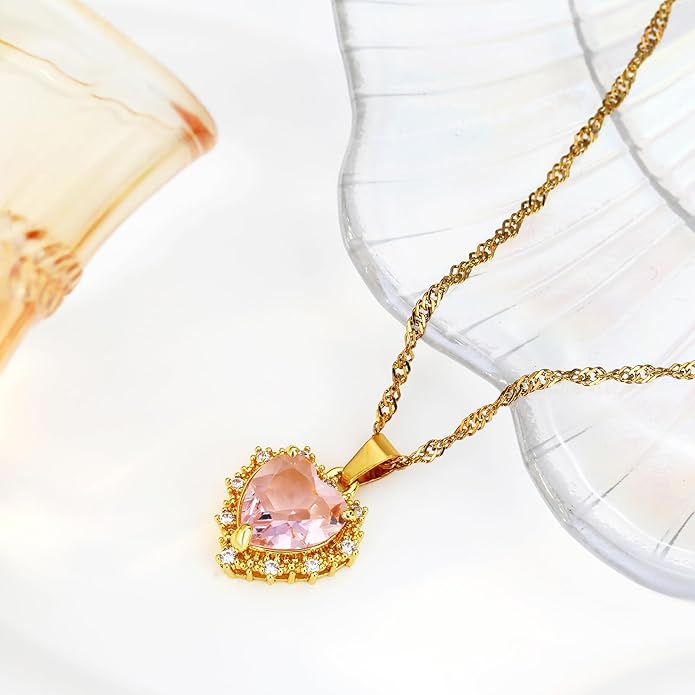 Crystal Love Heart Necklace for Women 14K Gold Plated with Birthstone Charm Pendant Necklace,