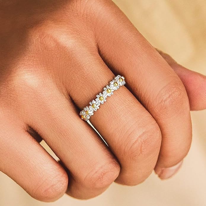 โI Think About Youโ Delicate Daisy Ring โ Tiny Sunflower Floral Ring | Adjustable Gold-Plated Ring for Women