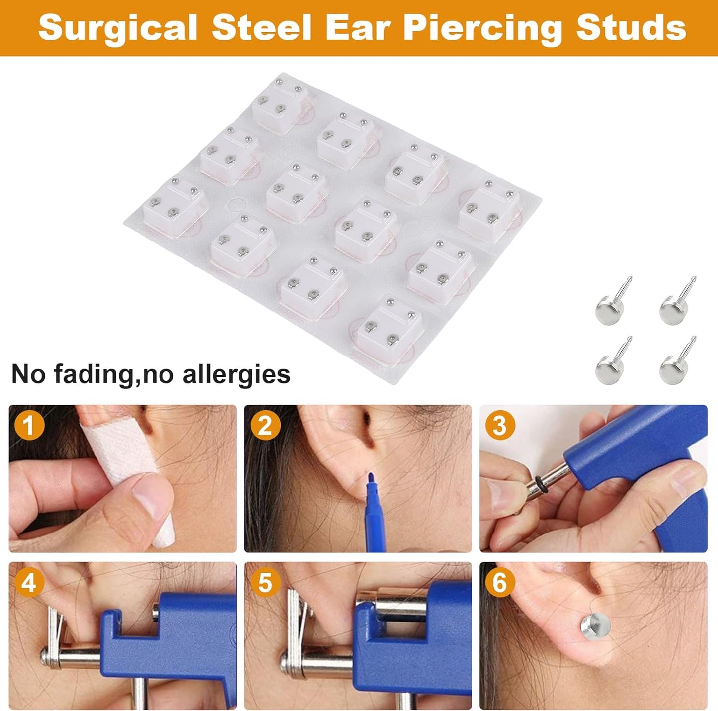 12 Pairs Sterile Steel Ear Piercing Studs – Silver Screw Back Earrings for Gun or Pierced Ears