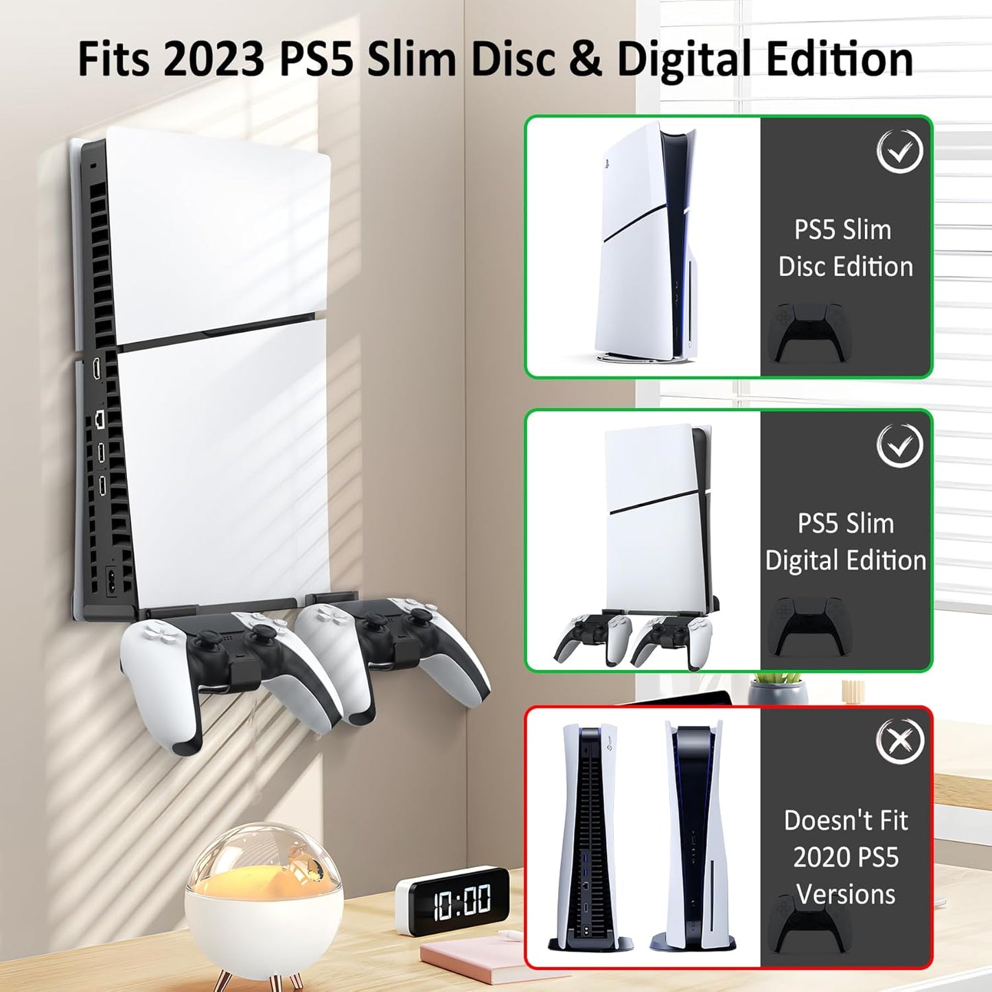 Wall Mount for 5 Slim Disc and Digital Edition, Wall Mount with 2 Removable Controller Holder, Upgraded Floating Wall Mount with Screw Fixing
