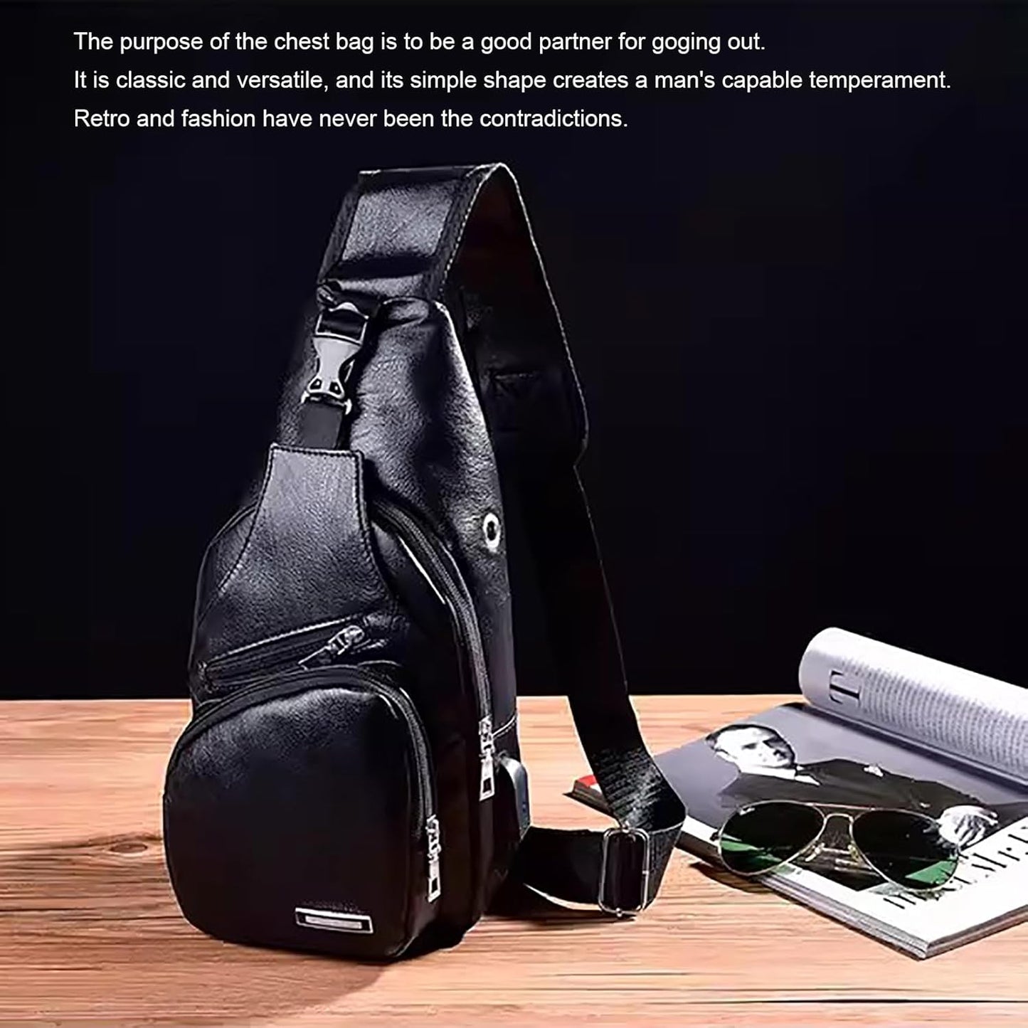 Black Chest Crossbody Bag Sling Backpack for Men with USB Charge Port