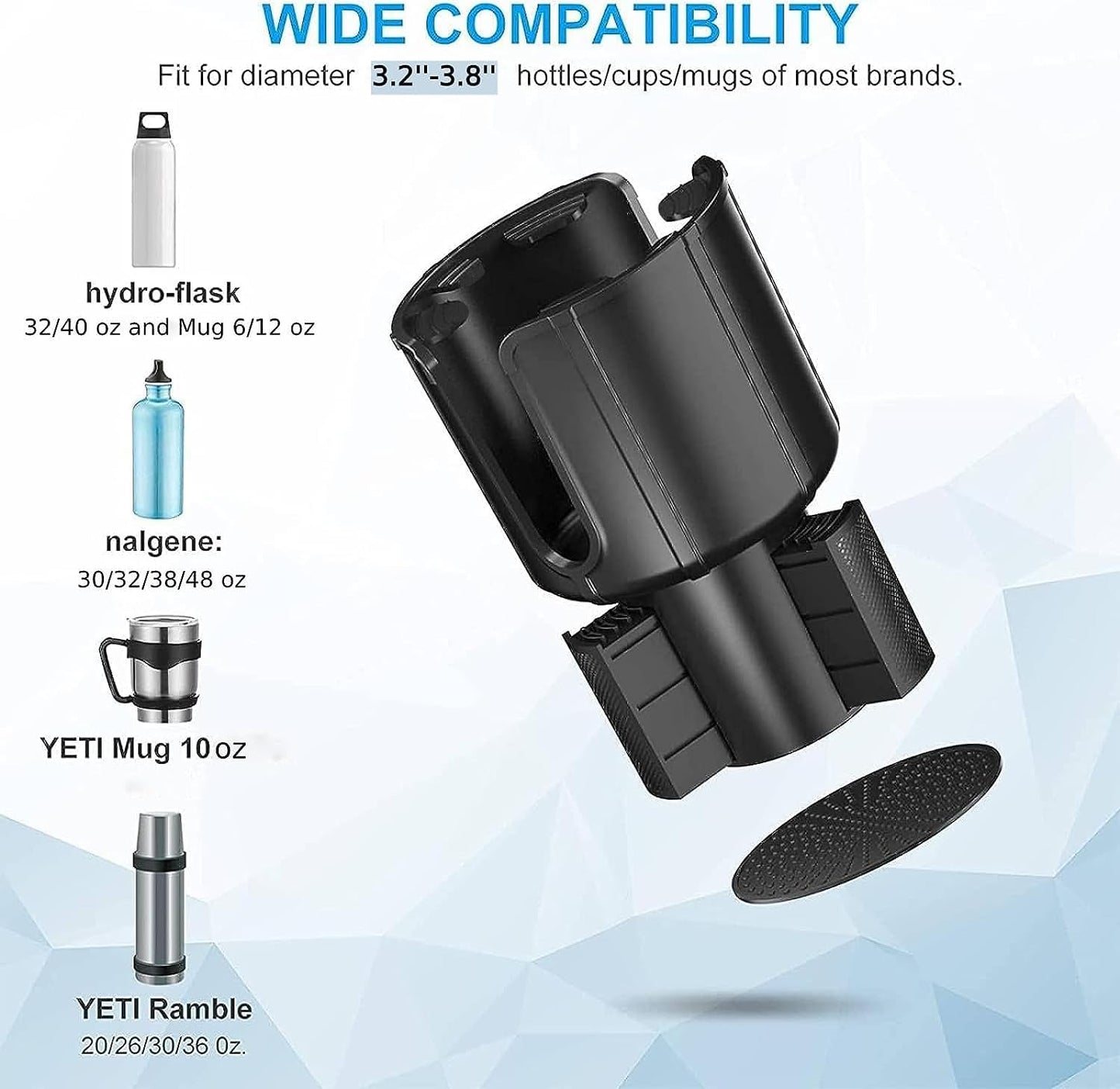 2-Pack Car Cup Holder Expander Adapter | Adjustable Base Fits 3.2”–3.8” Bottles | Compatible with Yeti, Hydro Flask, More