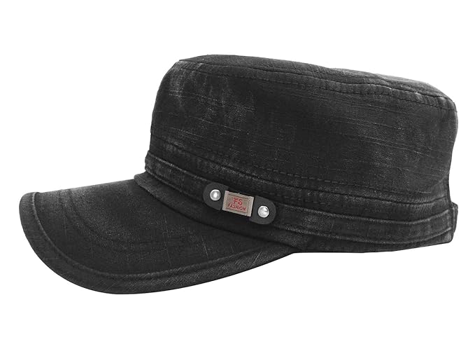 Black Cadet Army Cap – Washed Cotton Military Flat Top Hat, Adjustable One Size Fits All