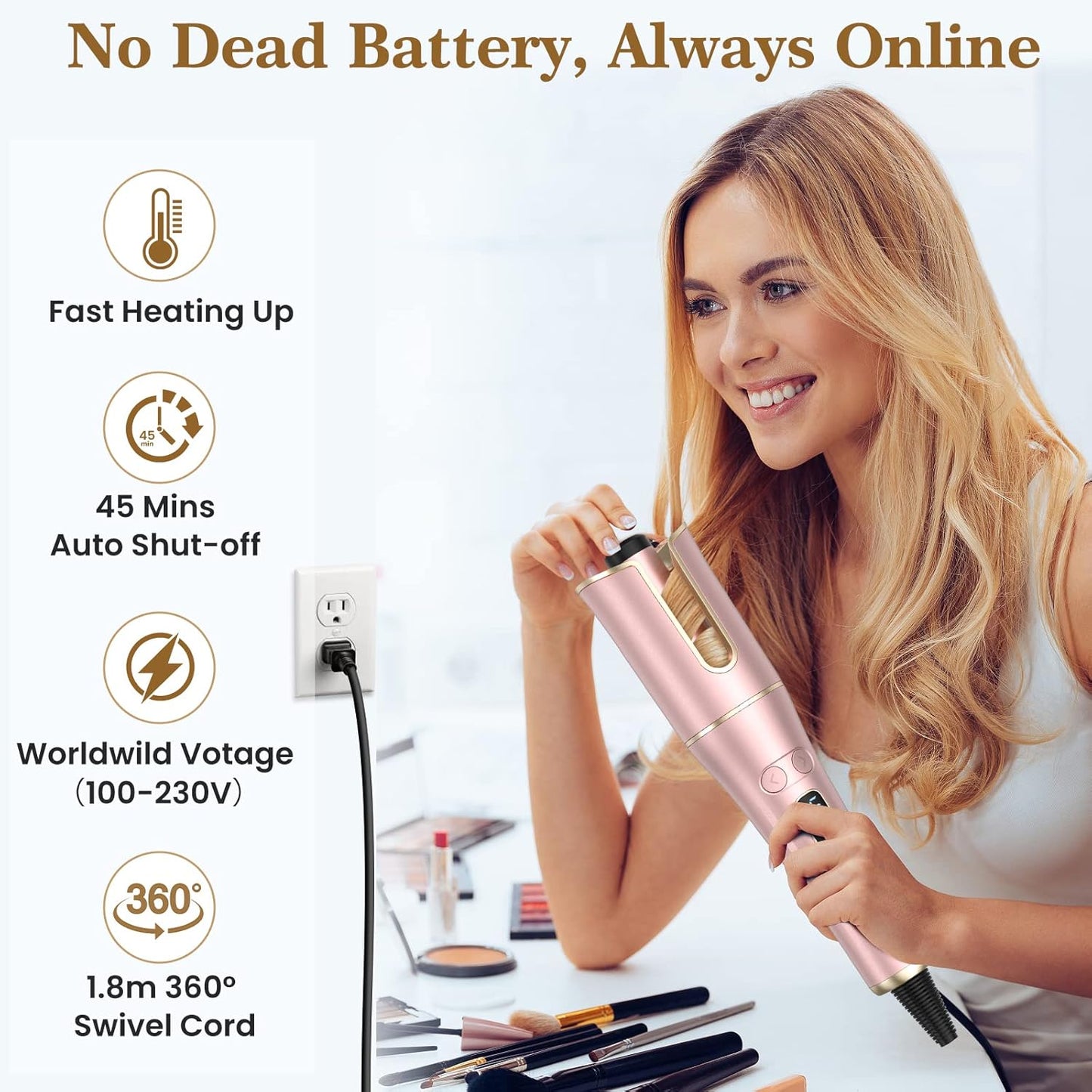 Automatic Hair Curler with LCD Display – 1” Rotating Barrel, 4 Heat Settings, 3 Timers, Dual Voltage Curling Wand for Effortless Styling