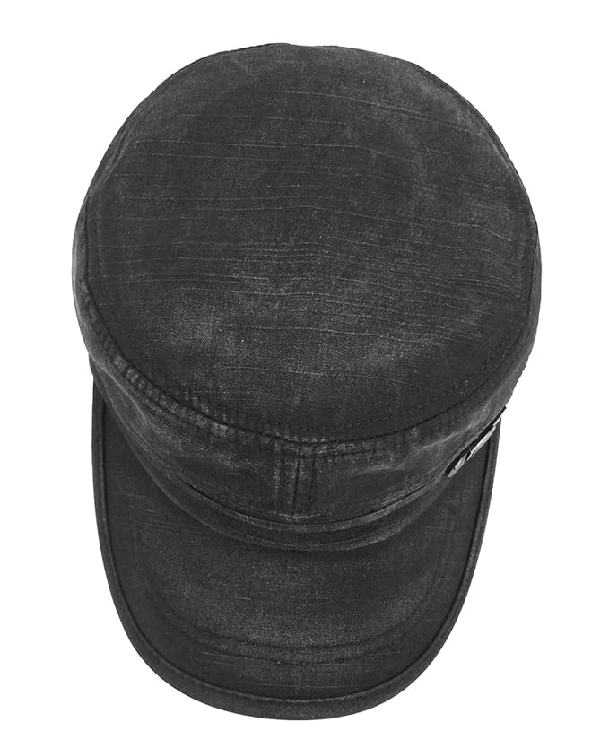 Black Cadet Army Cap – Washed Cotton Military Flat Top Hat, Adjustable One Size Fits All