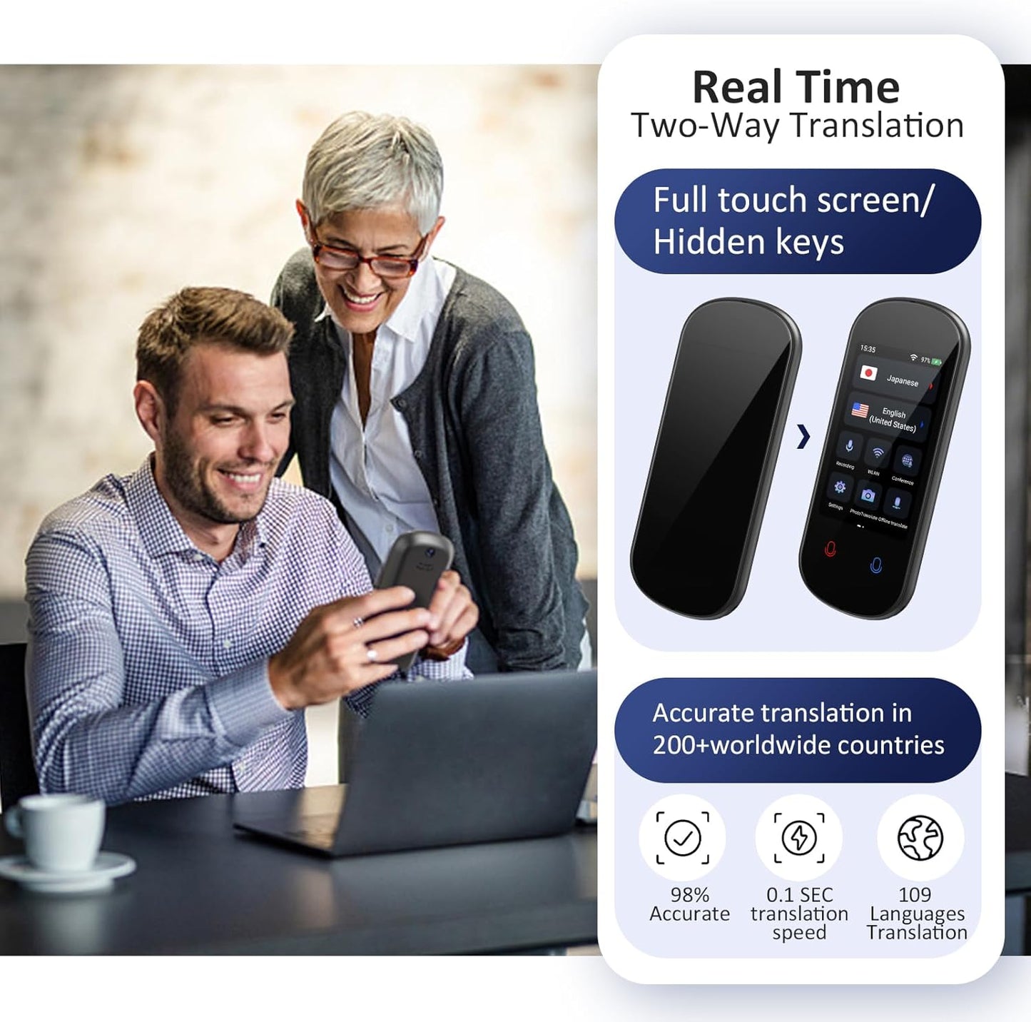 Language Translator Device, Two Way Real-Time Voice Translation, Support 138 Languages, Accurate Offline&Recording&Photo Instant Translation with 3” HD Inch Touch Screen for Travel