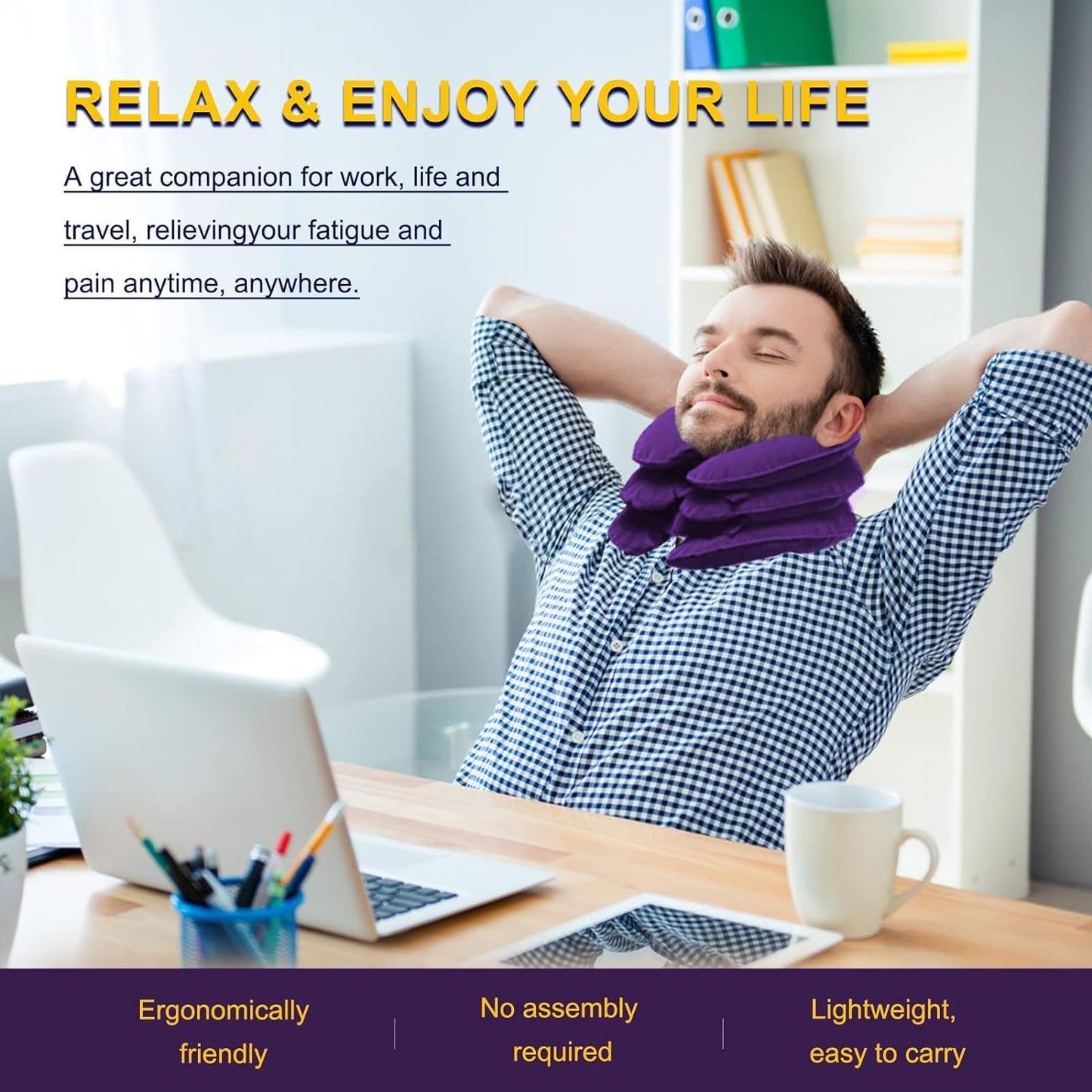 Cervical Traction Device for Neck Pain Relief, Adjustable Inflatable Neck Stretcher Neck Brace, Neck Traction Device for Use Neck Decompression and Neck Tension Relief (Purple)