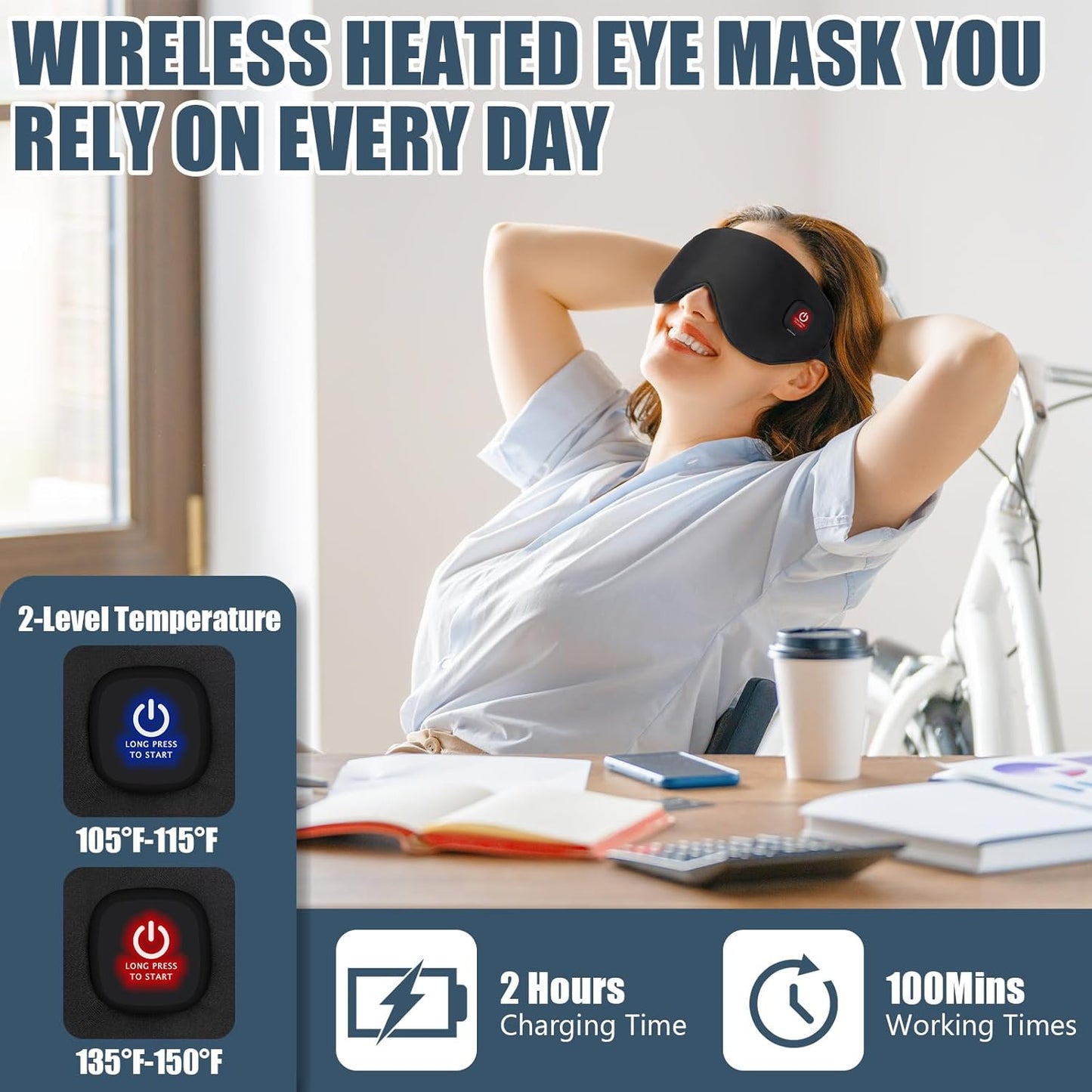 Heated Eye Mask, Cordless Dry Eye Mask Washable Warm Eye Compress Mask with Flaxseed
