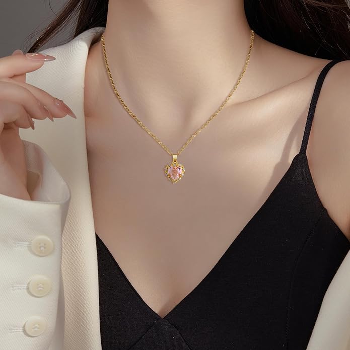 Crystal Love Heart Necklace for Women 14K Gold Plated with Birthstone Charm Pendant Necklace,