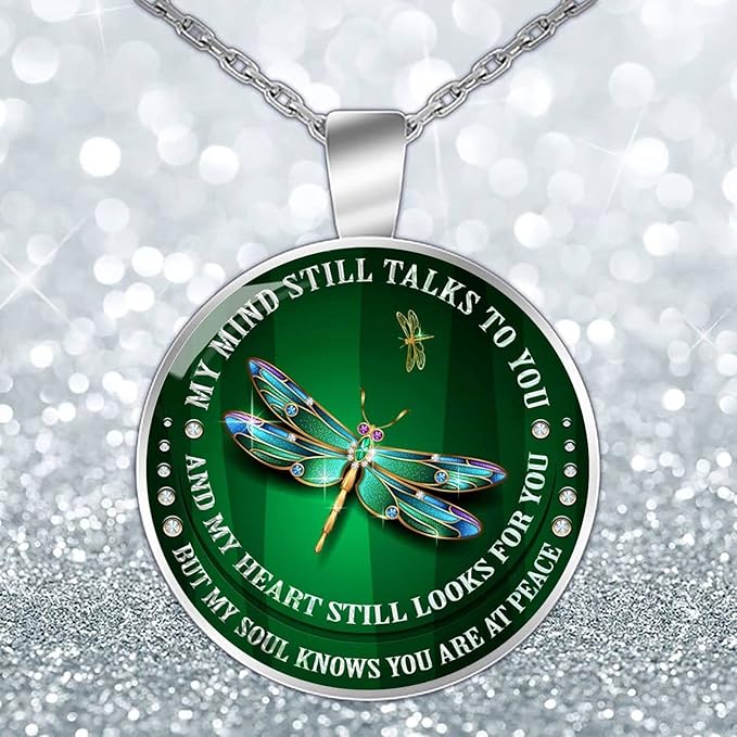 Dragonfly Memorial Necklace – “My Mind Still Talks to You” Silver Chain, 21 Inches
