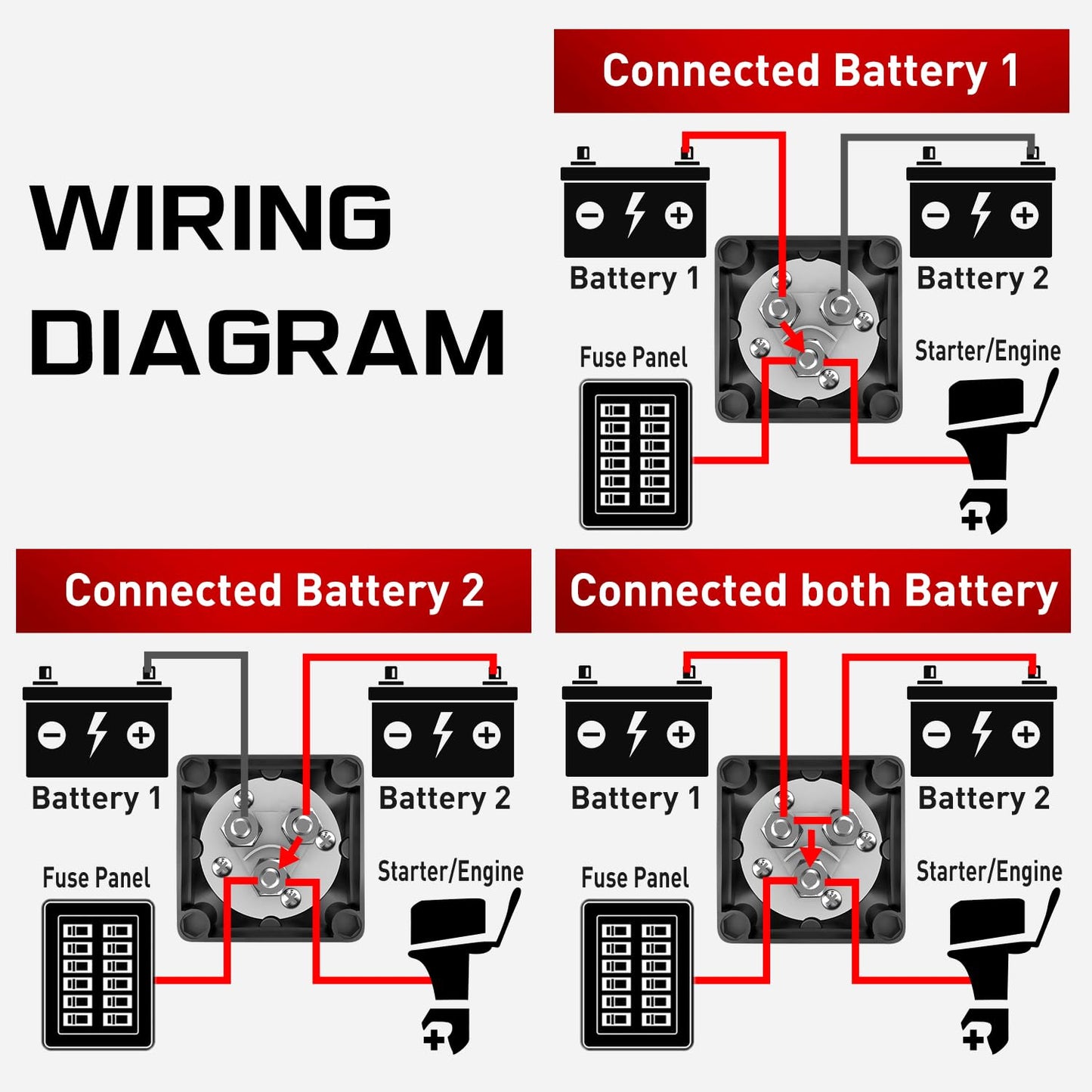 Battery Switch 1-2-Both-Off 12V 24V 48V 600A High Current Heavy Duty for Truck Vehicle Trailer RV Marine Boat Yacht