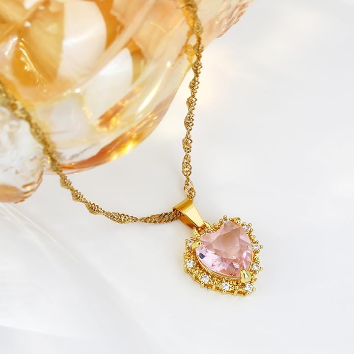 Crystal Love Heart Necklace for Women 14K Gold Plated with Birthstone Charm Pendant Necklace,