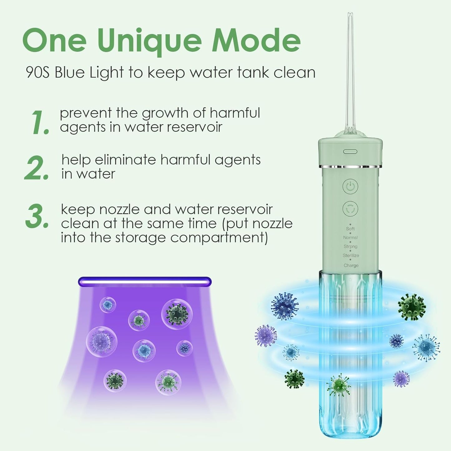 Travel Water Flosser, Mini Portable Oral Irrigator, Telescopic Water Tank, 4 Nozzles, Unique Light, IPX7 Waterproof (Green)