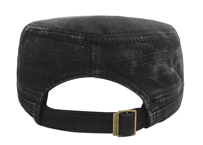 Black Cadet Army Cap – Washed Cotton Military Flat Top Hat, Adjustable One Size Fits All