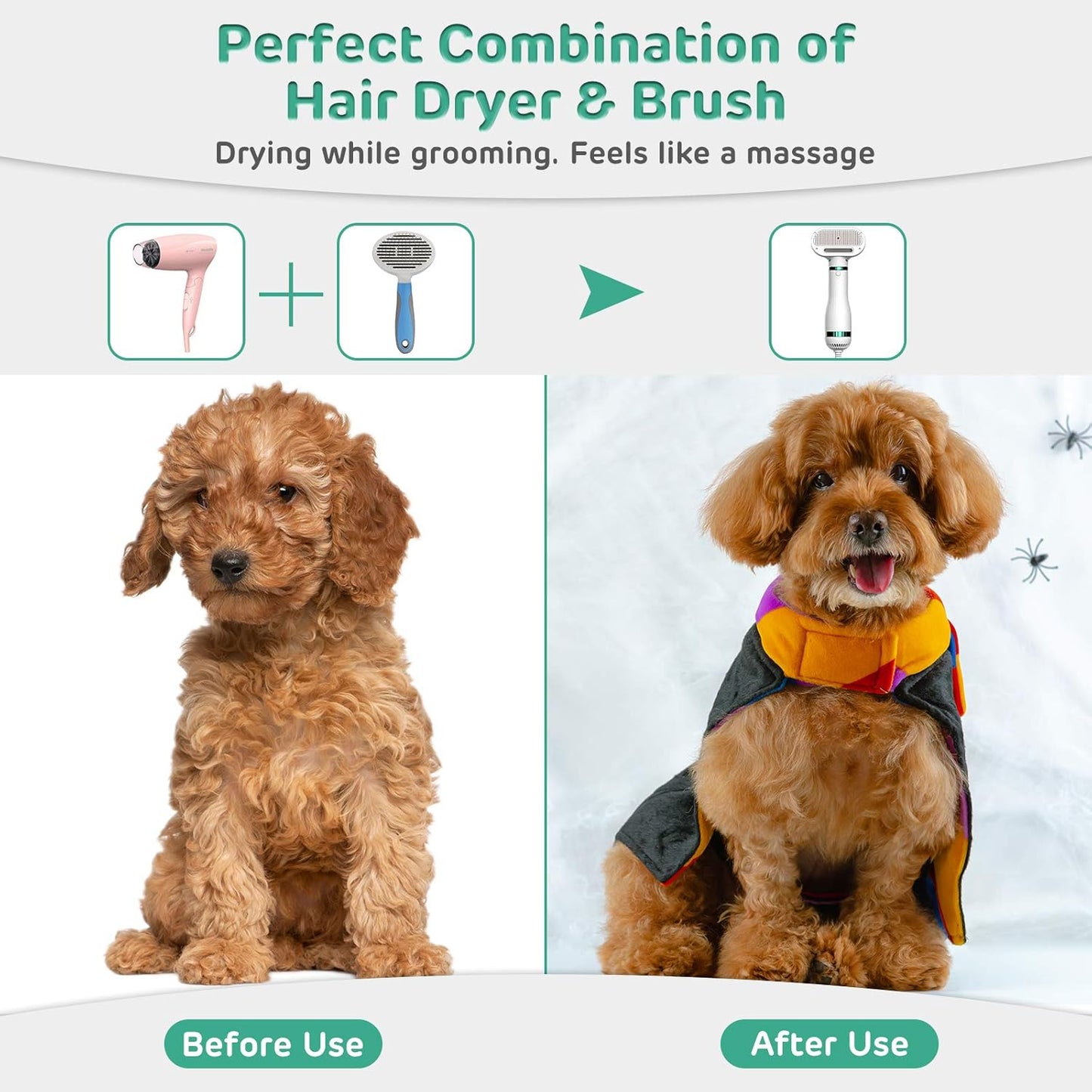 Pet Hair Dryer 2 with Slicker Brush, 3 Heat Settings, One-Button Hair Removal