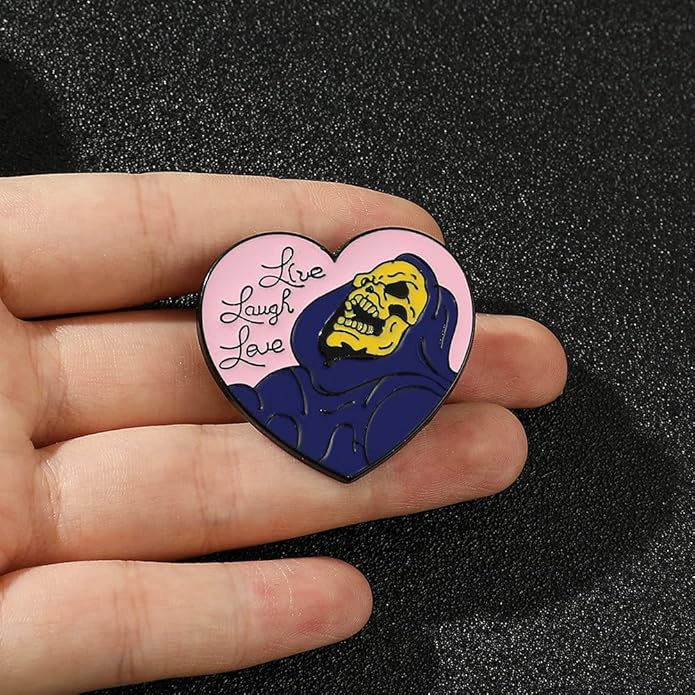 🖤 “Live, Laugh, Love” Heart & Skull Enamel Pin – Cute Gothic Lapel Badge for Jackets & Bags