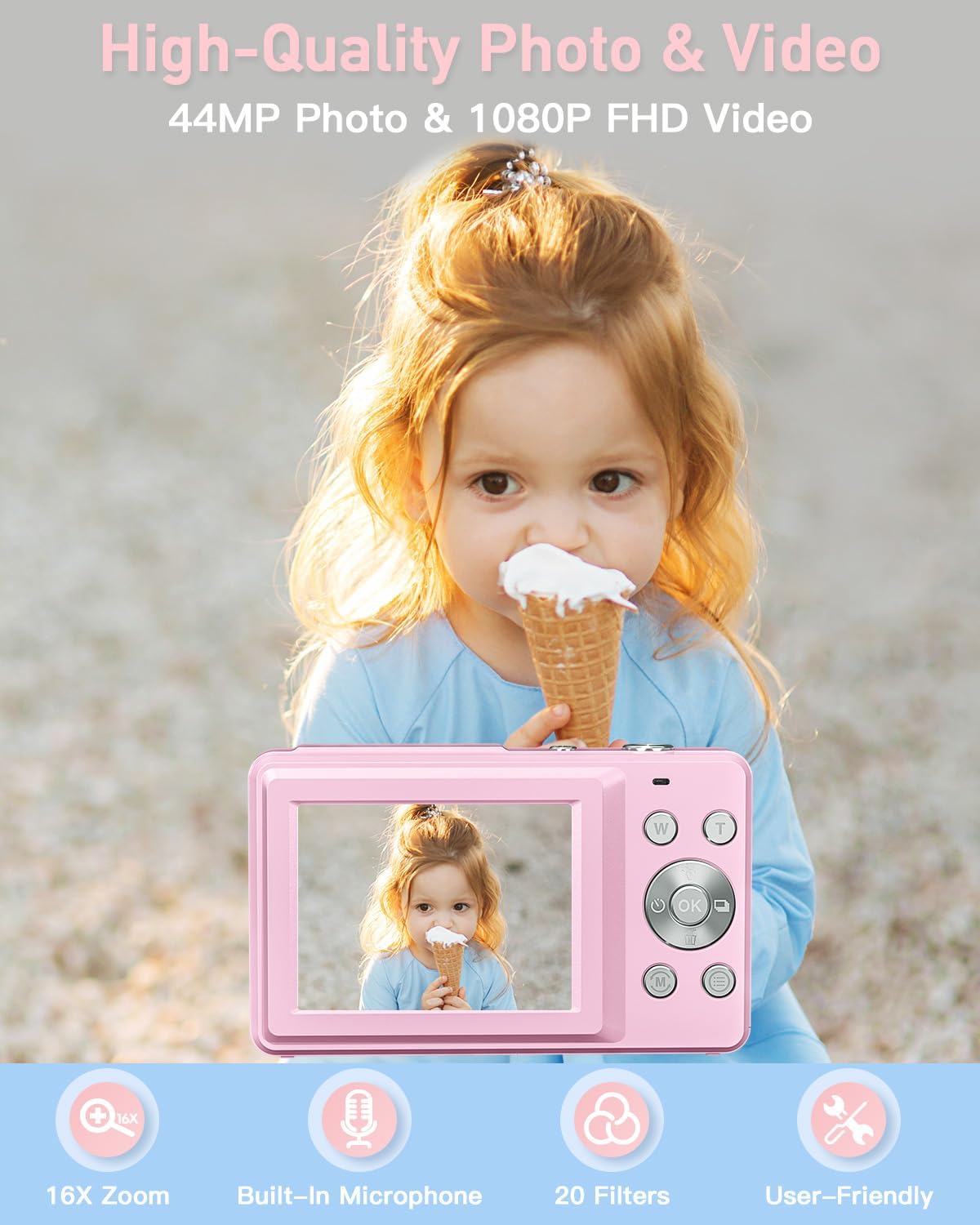 Digital Camera for Kids, 1080P FHD Camera, 44MP Point 32GB Card