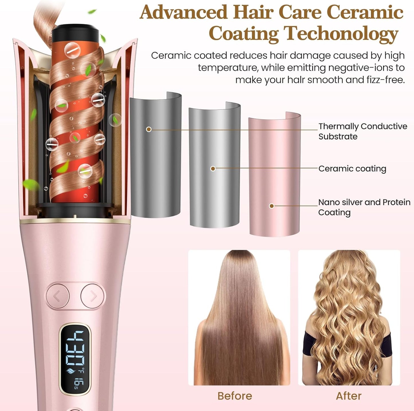 Automatic Hair Curler with LCD Display – 1” Rotating Barrel, 4 Heat Settings, 3 Timers, Dual Voltage Curling Wand for Effortless Styling