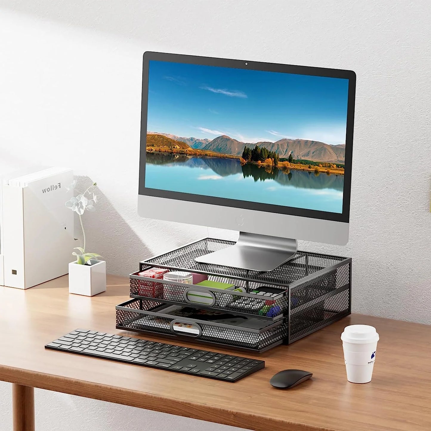 Marbrasse Monitor Stand with Drawer, Monitor Riser Mesh Metal, Monitor Stand with Storage, Desktop Computer Stand for PC, Laptop, Printer