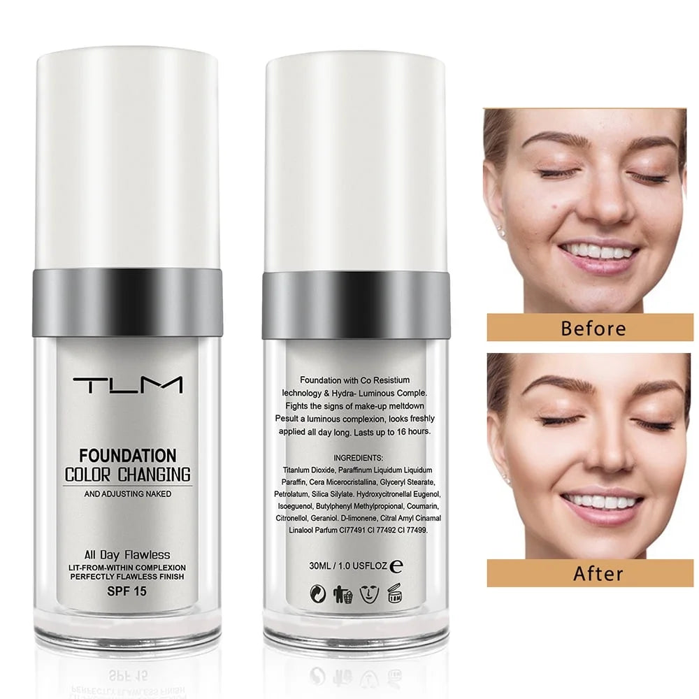 Color Changing Foundation by TLM, Liquid Foundation Makeup, All Day Flawless Age Defying, Hides Wrinkles & Lines, Sensitive Skin Safe, 1 Fl.Oz