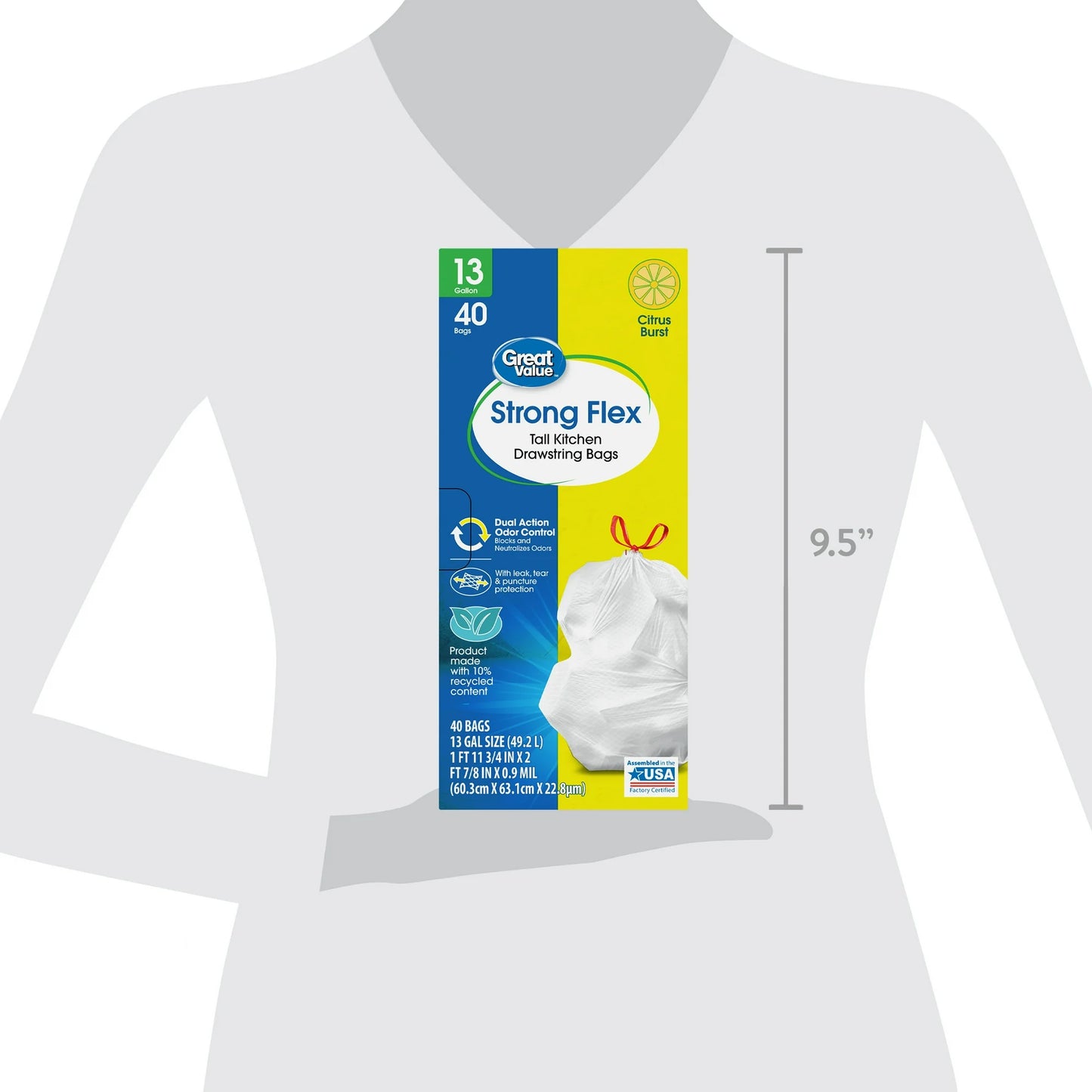 Great Value 13-Gallon Drawstring Strong Flex Tall Kitchen Trash Bags, Citrus Burst Scent, 40 Bags