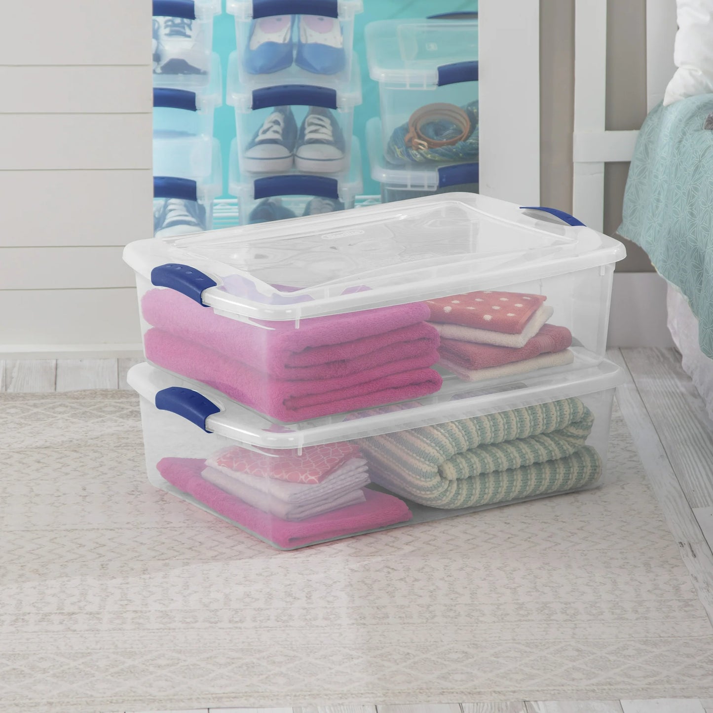 Sterilite Small Storage Bin, 32 Quart Clear Underbed Storage Container with Latch Lid, Blue